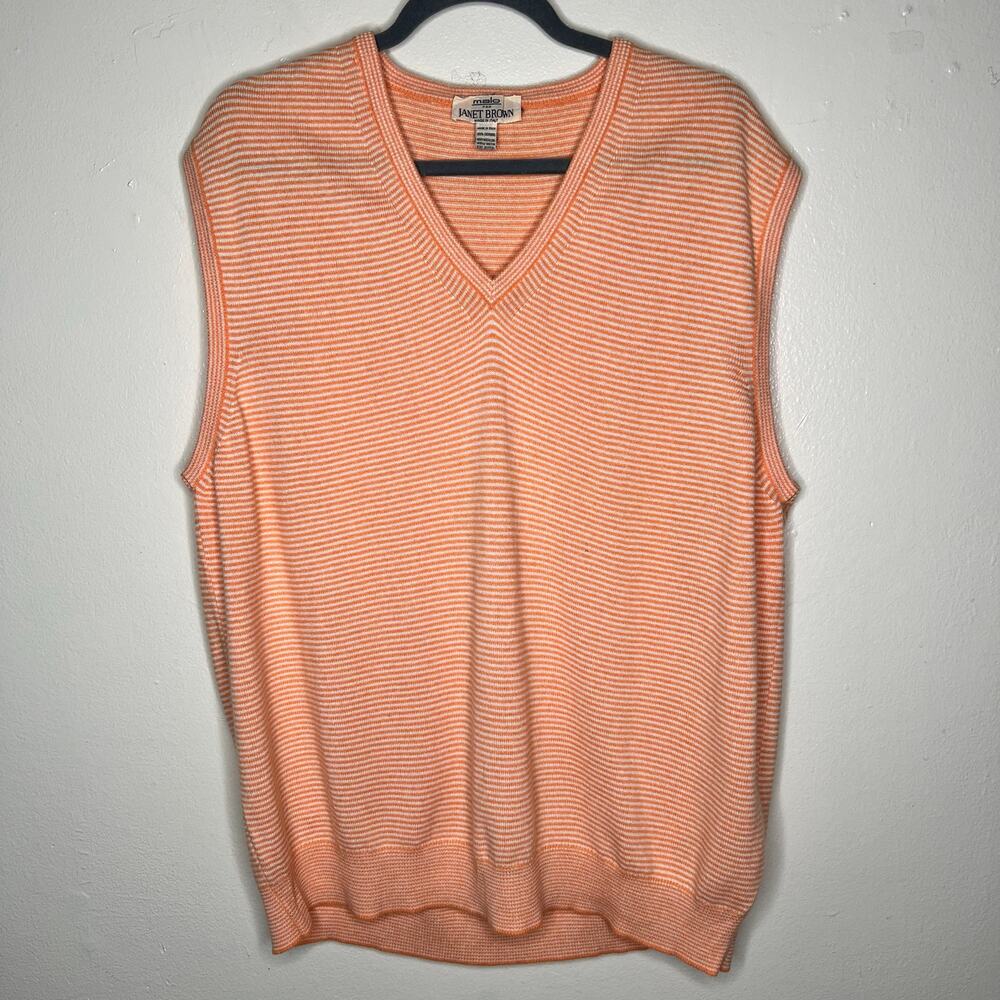 Vtg Malo for Janet Brown Cashmere Sweater Vest XL Mens Orange Striped Knit 80s